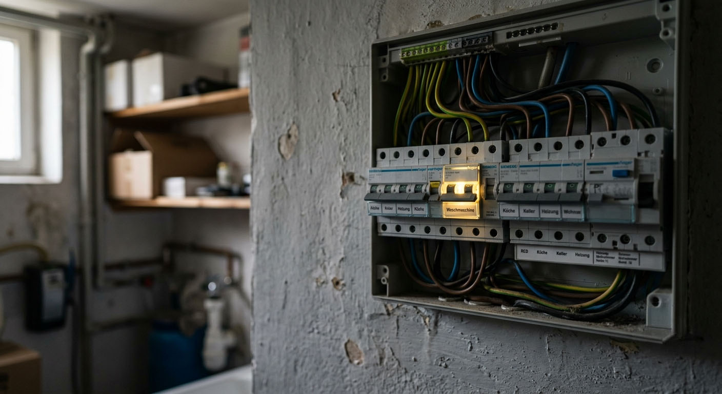 Geöffneter Sicherungskasten mit Verkabelung an einer Kellerwand — bereit für die Modernisierung