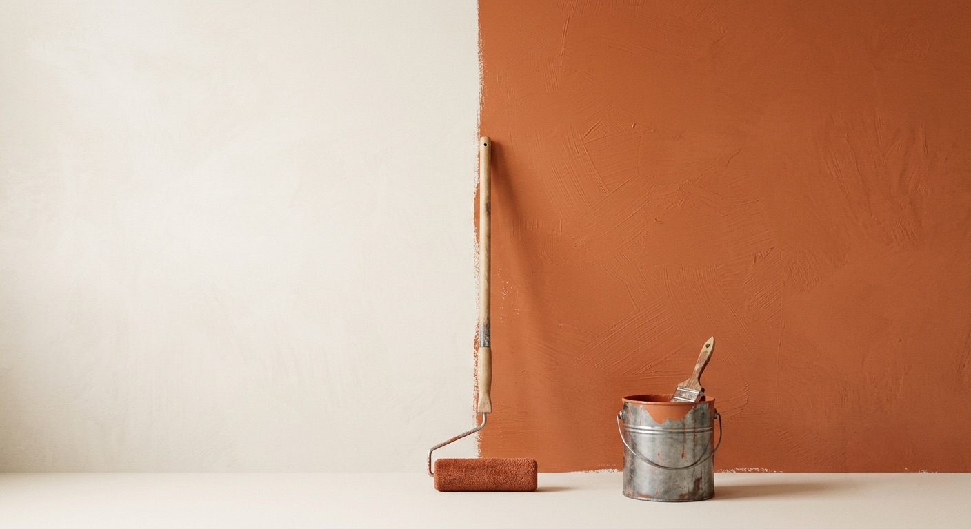 Wand wird frisch in Terrakotta gestrichen — Farbroller und Eimer mit Pinsel
