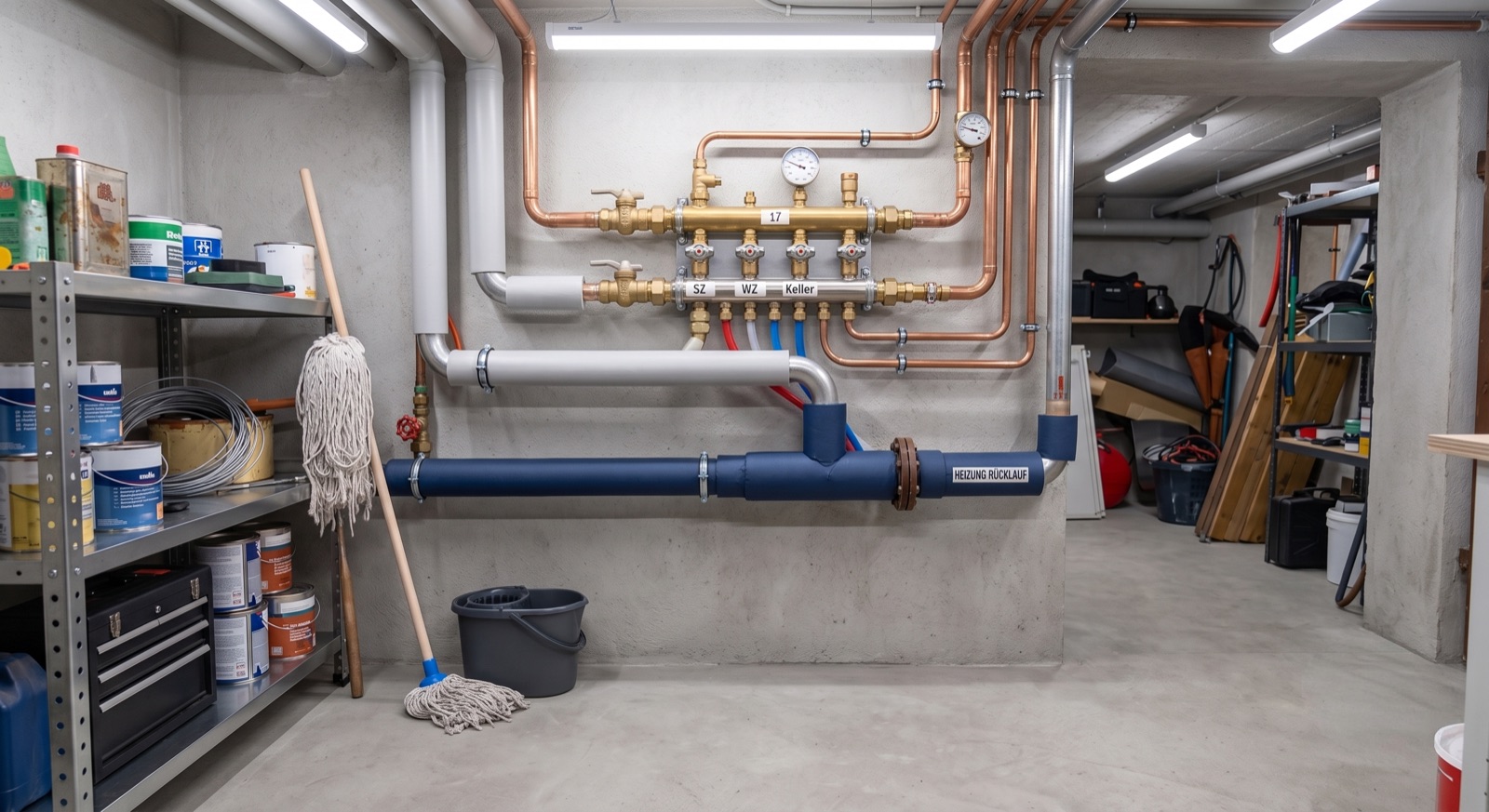 Heizungsanlage im Keller nach der Sanierung — neue Kupferleitungen, gedämmte Rohre, sauber beschrifteter Verteiler